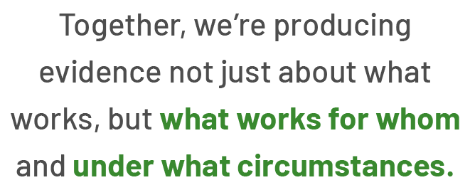 Together, we’re producing evidence not just about what works, but what works for whom and under what circumstances.